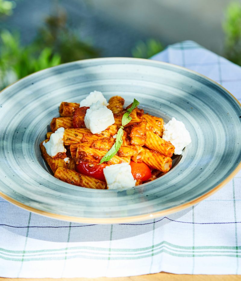 pasta-with-cheese-tomatoes-blue-plate